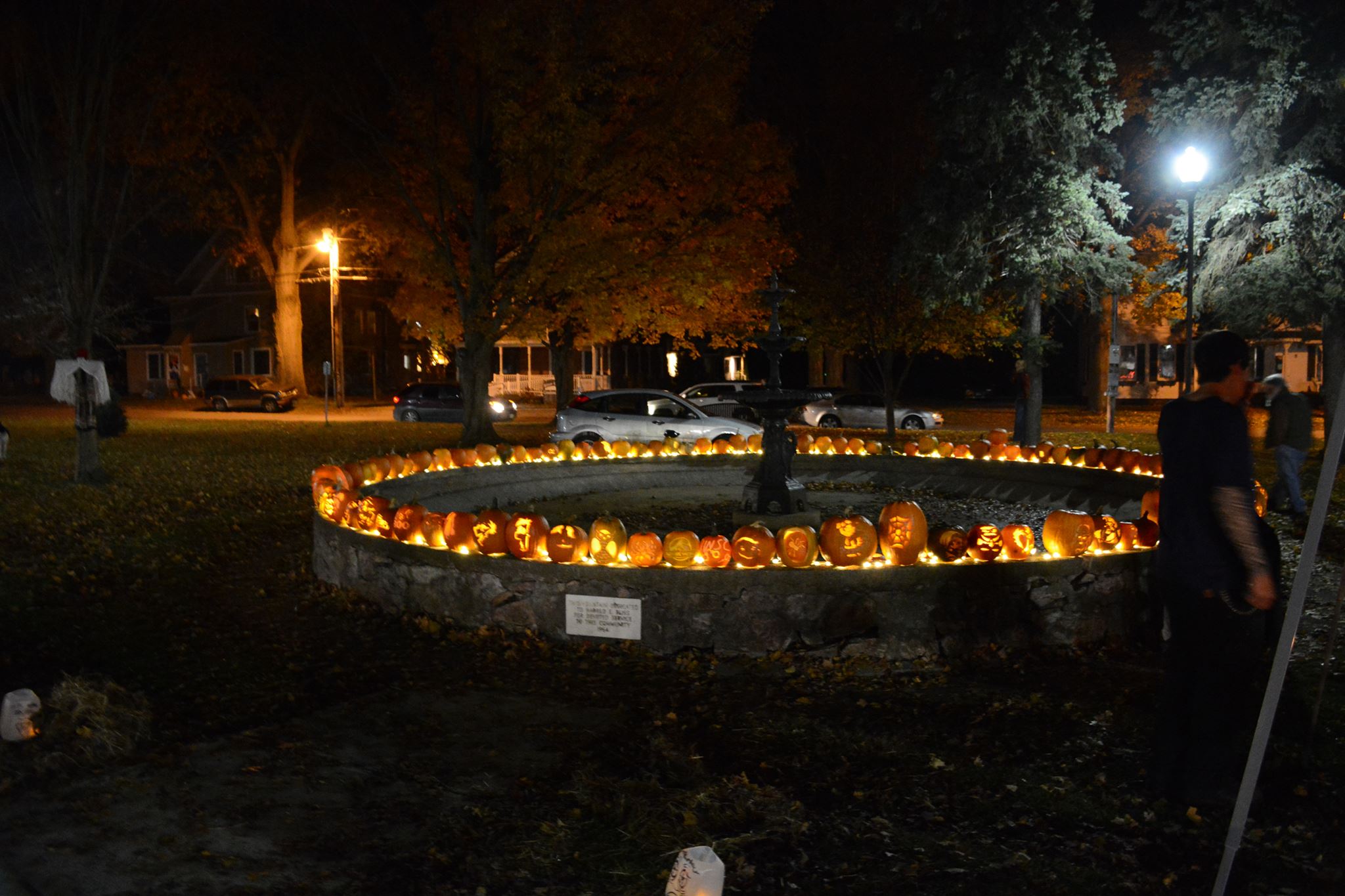 pumplin display in swanton park at night